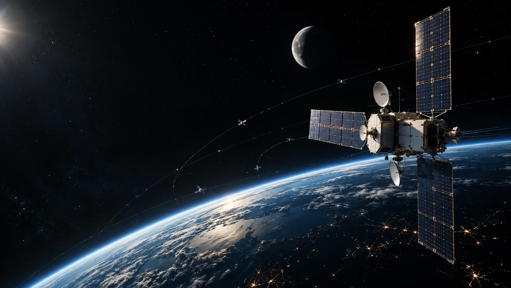 A communications satellite above Earth with the Moon in the distance