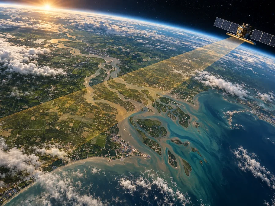 Earth observation radar scanning a river delta