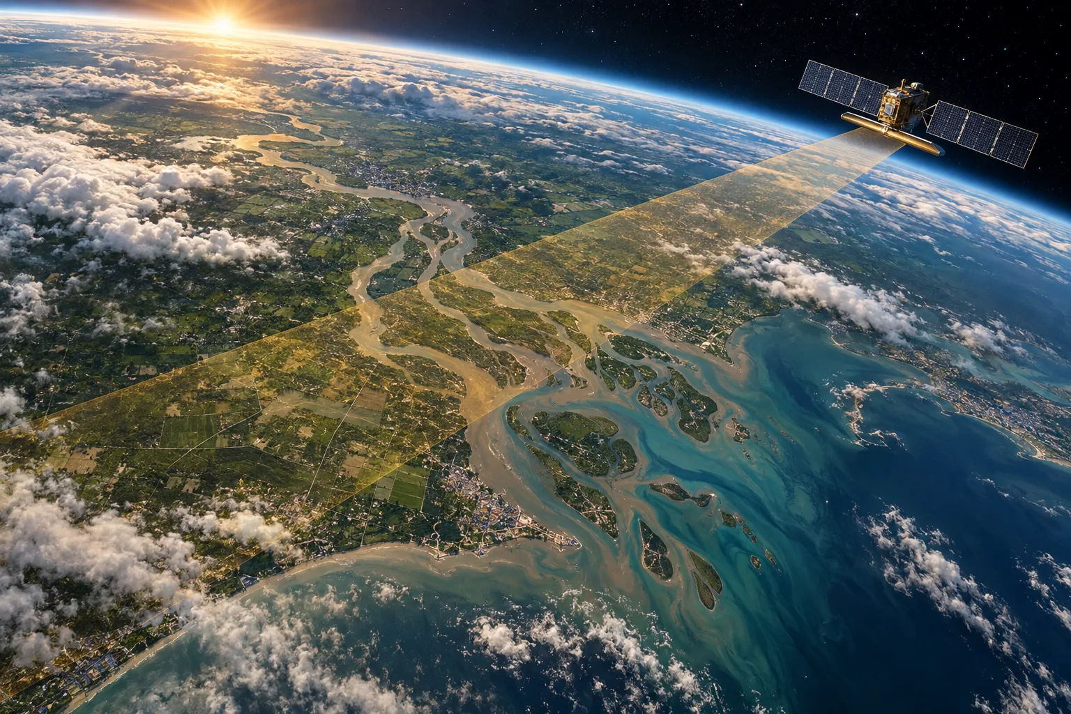 Earth observation radar scanning a river delta
