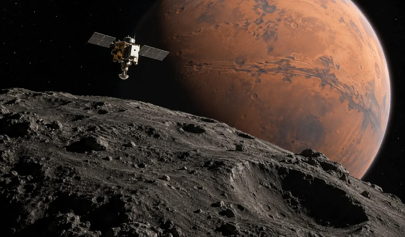 A robotic spacecraft exploring Phobos with Mars beyond