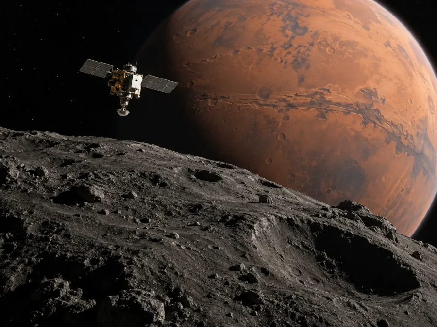 A robotic spacecraft exploring Phobos with Mars beyond