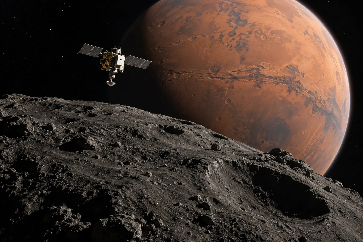A robotic spacecraft exploring Phobos with Mars beyond